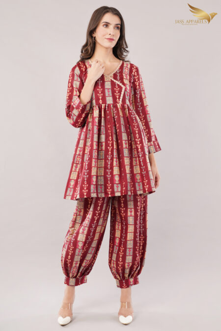 JASS Apparels Women's Maroon Gold Foil Printed Cotton Co-ord Set | Ethnic Kurta Top with Balloon Pants | Festive & Casual Wear