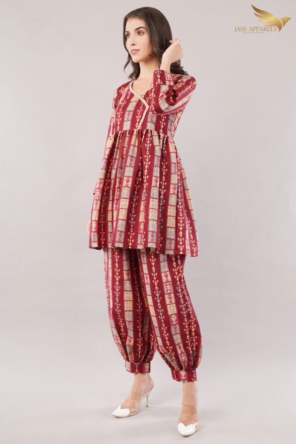 JASS Apparels Women's Maroon Gold Foil Printed Cotton Co-ord Set | Ethnic Kurta Top with Balloon Pants | Festive & Casual Wear