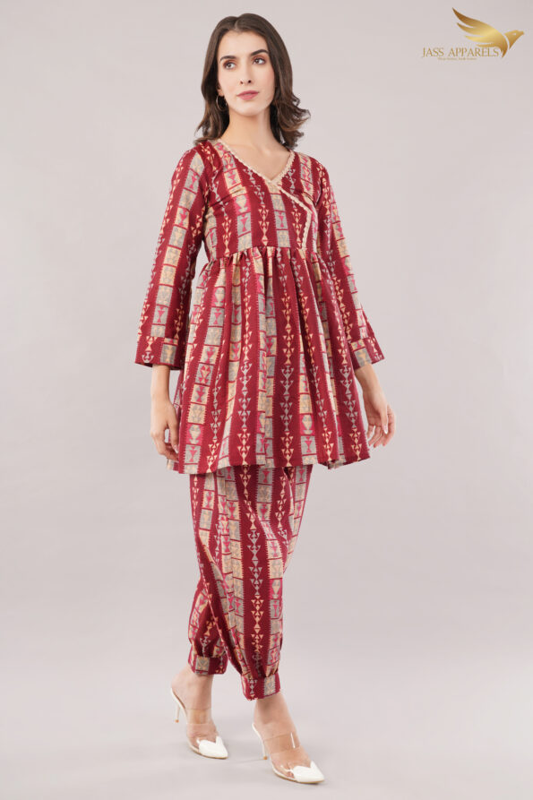 JASS Apparels Women's Maroon Gold Foil Printed Cotton Co-ord Set | Ethnic Kurta Top with Balloon Pants | Festive & Casual Wear