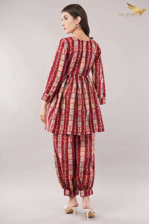 JASS Apparels Women's Maroon Gold Foil Printed Cotton Co-ord Set | Ethnic Kurta Top with Balloon Pants | Festive & Casual Wear