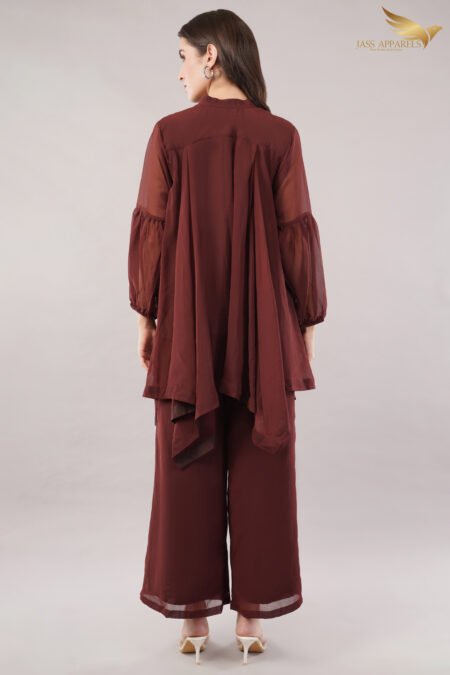 JASS Apparels Women's Solid Wine High-Low Co-ord Set | Flowy Georgette Tunic Top with Palazzo Pants | Western Indo-Fusion Outfit