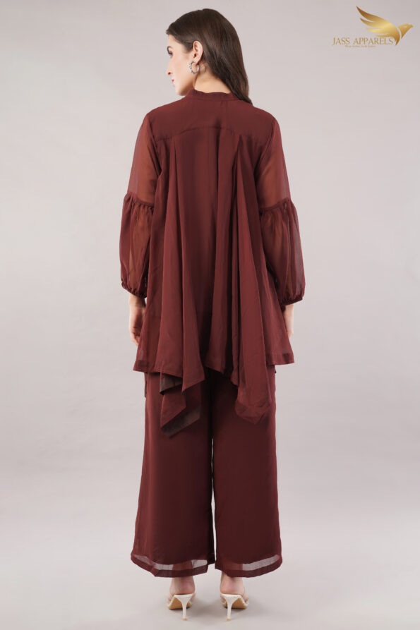 JASS Apparels Women's Solid Wine High-Low Co-ord Set | Flowy Georgette Tunic Top with Palazzo Pants | Western Indo-Fusion Outfit