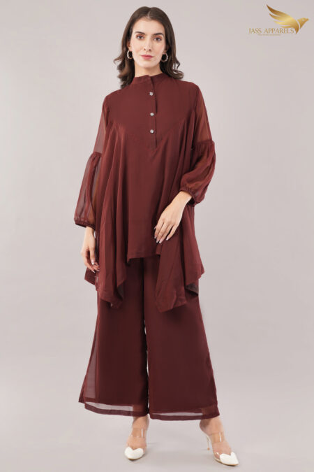 JASS Apparels Women's Solid Wine High-Low Co-ord Set | Flowy Georgette Tunic Top with Palazzo Pants | Western Indo-Fusion Outfit