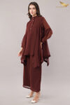 JASS Apparels Women’s Solid Wine High-Low Co-ord Set | Flowy Georgette Tunic Top with Palazzo Pants | Western Indo-Fusion Outfit