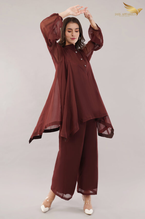 JASS Apparels Women's Solid Wine High-Low Co-ord Set | Flowy Georgette Tunic Top with Palazzo Pants | Western Indo-Fusion Outfit