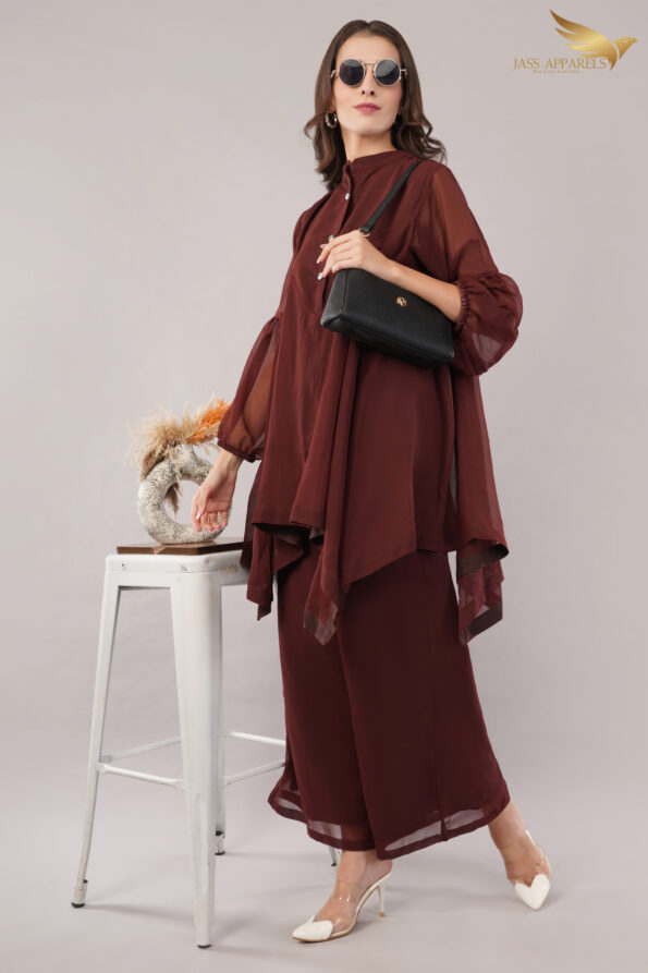 JASS Apparels Women's Solid Wine High-Low Co-ord Set | Flowy Georgette Tunic Top with Palazzo Pants | Western Indo-Fusion Outfit