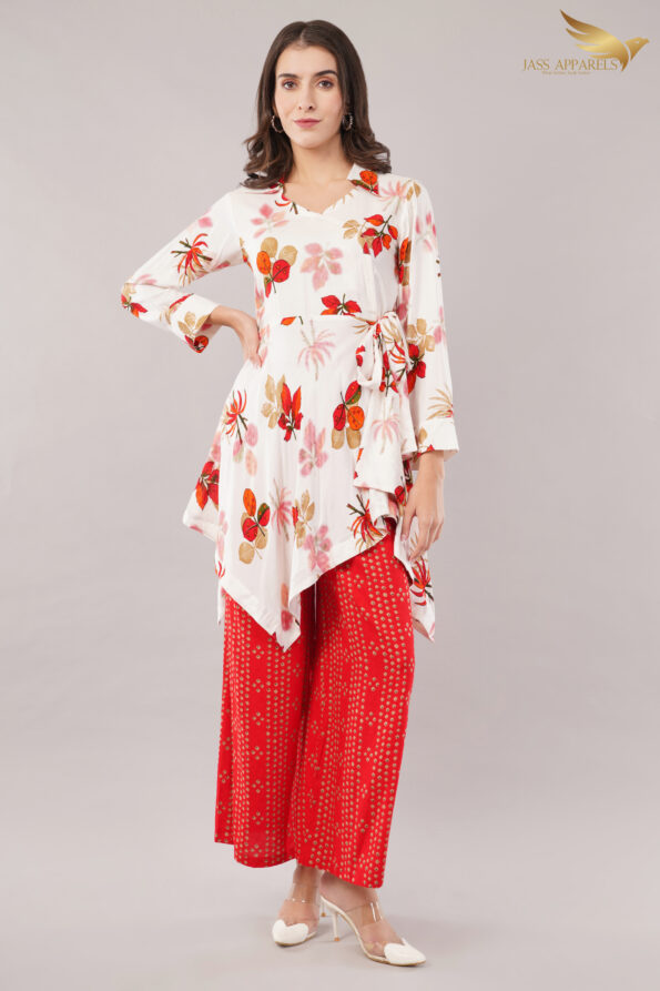 JASS Apparels Women's White & Red Floral Printed Co-ord Set | Asymmetric Wrap Top with Palazzo | Indo-Western Festive Outfit
