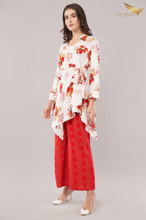 JASS Apparels Women's White & Red Floral Printed Co-ord Set | Asymmetric Wrap Top with Palazzo | Indo-Western Festive Outfit