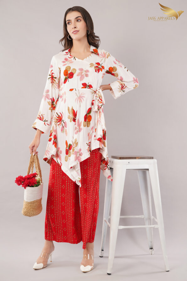 JASS Apparels Women's White & Red Floral Printed Co-ord Set | Asymmetric Wrap Top with Palazzo | Indo-Western Festive Outfit