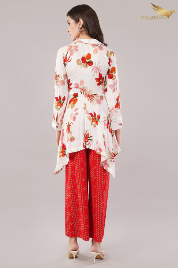JASS Apparels Women's White & Red Floral Printed Co-ord Set | Asymmetric Wrap Top with Palazzo | Indo-Western Festive Outfit