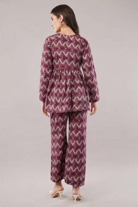 JASS Apparels Women's Mauve Geometric Print Co-ord Set | V-Neck Flared Top with Palazzo Pants | Casual & Festive Ethnic Wear