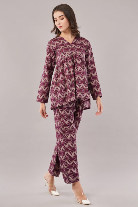 JASS Apparels Women's Mauve Geometric Print Co-ord Set | V-Neck Flared Top with Palazzo Pants | Casual & Festive Ethnic Wear