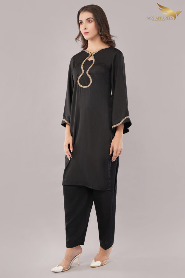 JASS Apparels Women's Black Kurta Set with Gold Lace Detailing & Dupatta | Elegant Ethnic Wear for Festive & Party Occasions