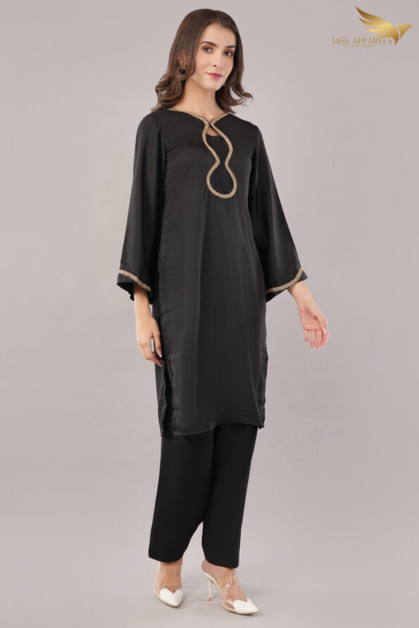 JASS Apparels Women's Black Kurta Set with Gold Lace Detailing & Dupatta | Elegant Ethnic Wear for Festive & Party Occasions