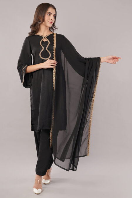 JASS Apparels Women's Black Kurta Set with Gold Lace Detailing & Dupatta | Elegant Ethnic Wear for Festive & Party Occasions