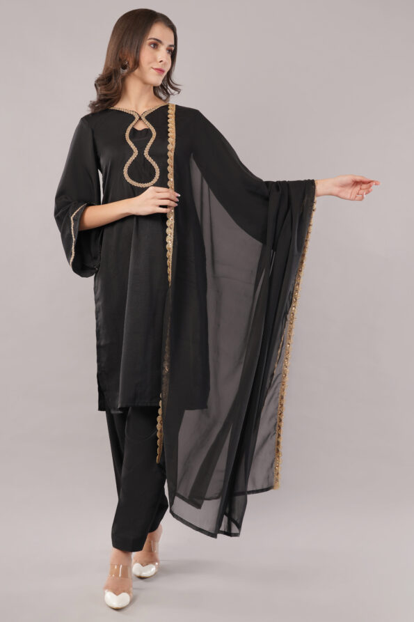 JASS Apparels Women's Black Kurta Set with Gold Lace Detailing & Dupatta | Elegant Ethnic Wear for Festive & Party Occasions