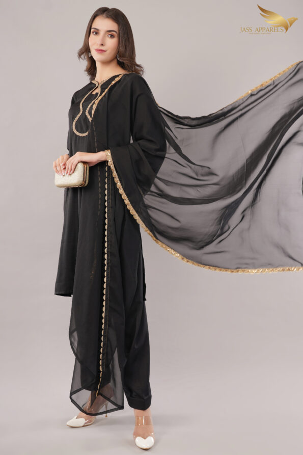 JASS Apparels Women's Black Kurta Set with Gold Lace Detailing & Dupatta | Elegant Ethnic Wear for Festive & Party Occasions