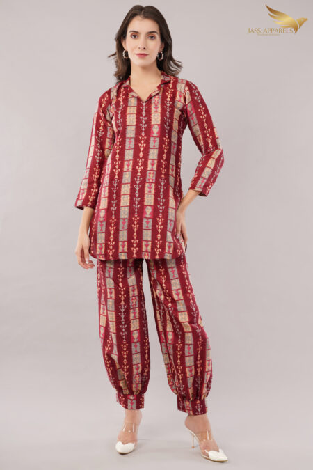 JASS Apparels Women's Red Tribal Print Co-ord Set | Ethnic Loungewear with Balloon Pants