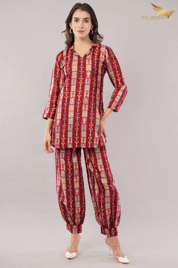 JASS Apparels Women's Red Tribal Print Co-ord Set | Ethnic Loungewear with Balloon Pants