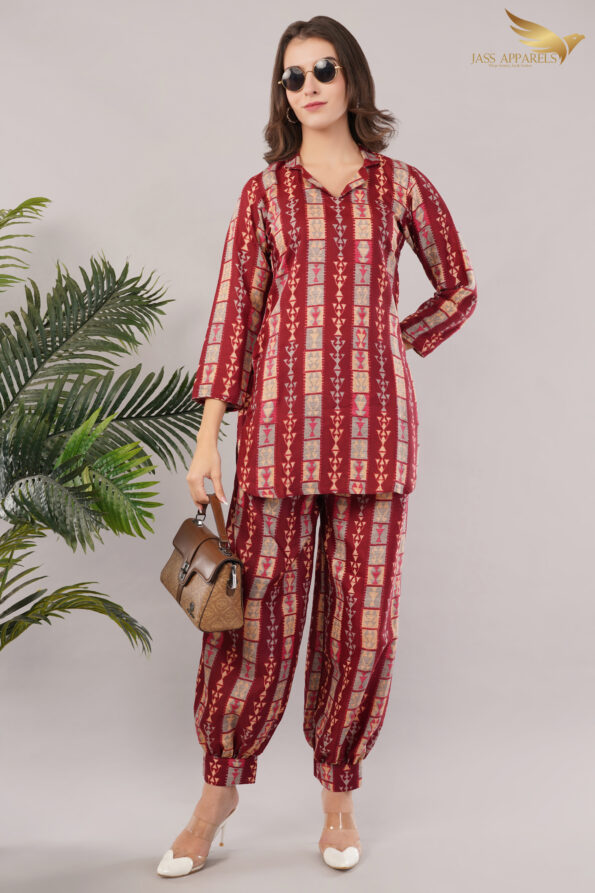 JASS Apparels Women's Red Tribal Print Co-ord Set | Ethnic Loungewear with Balloon Pants