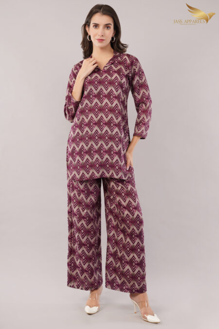 JASS Apparels Women's Mauve Diamond Print Co-ord Set | Relaxed Fit Kurta with Palazzo Pants