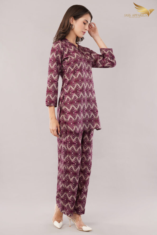 JASS Apparels Women's Mauve Diamond Print Co-ord Set | Relaxed Fit Kurta with Palazzo Pants