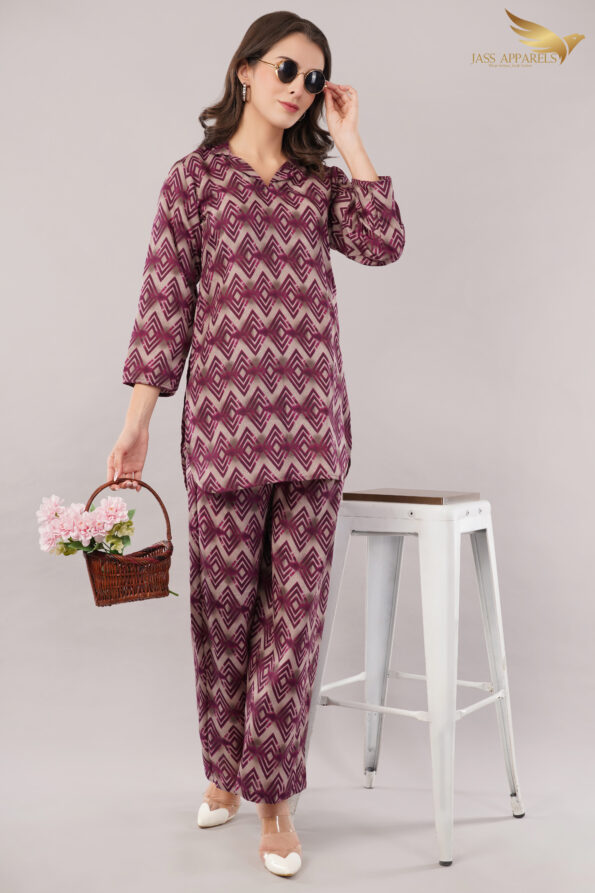 JASS Apparels Women's Mauve Diamond Print Co-ord Set | Relaxed Fit Kurta with Palazzo Pants