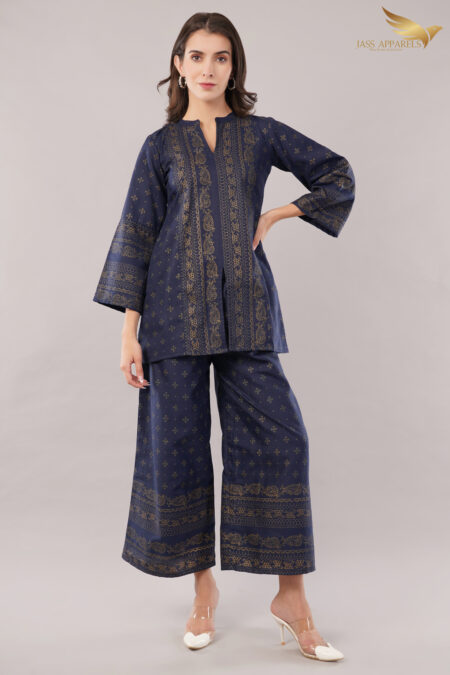 JASS Apparels Women's Navy Blue Co-ord Set | Ethnic Gold Print Kurta & Palazzo Pants | Festive Wear