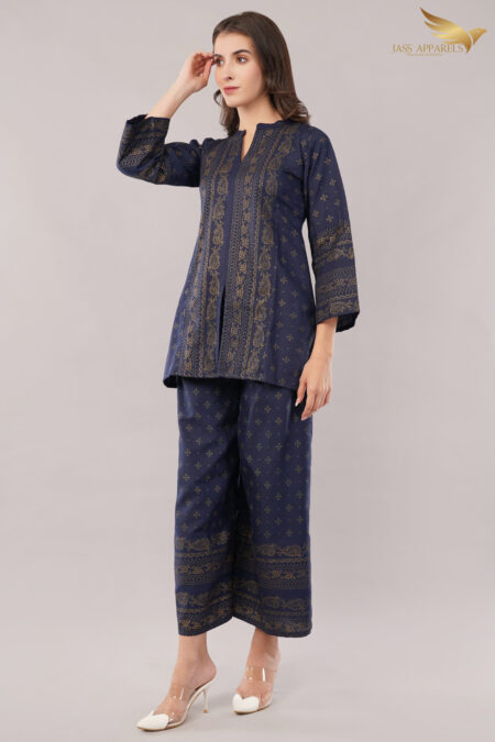 JASS Apparels Women's Navy Blue Co-ord Set | Ethnic Gold Print Kurta & Palazzo Pants | Festive Wear