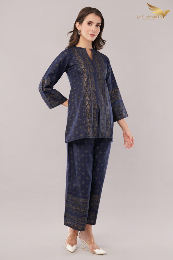 JASS Apparels Women's Navy Blue Co-ord Set | Ethnic Gold Print Kurta & Palazzo Pants | Festive Wear