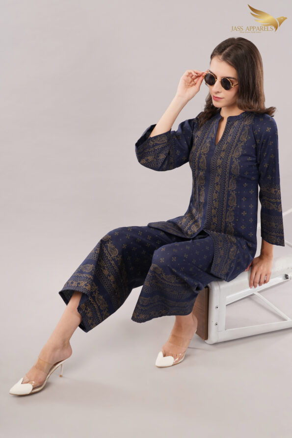 JASS Apparels Women's Navy Blue Co-ord Set | Ethnic Gold Print Kurta & Palazzo Pants | Festive Wear