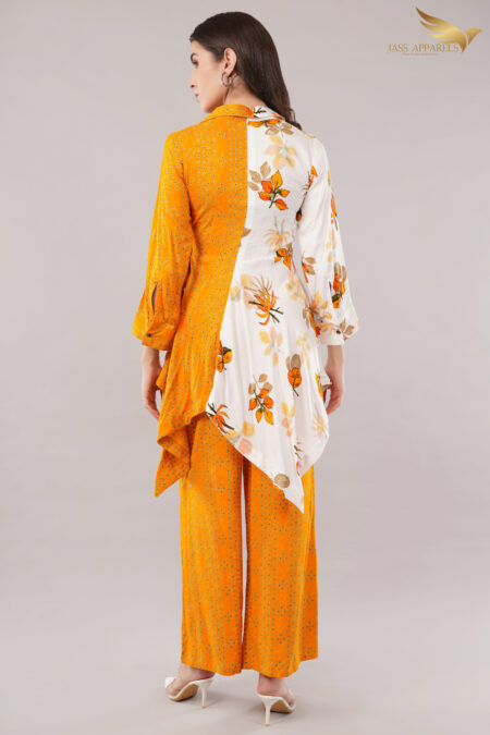 JASS Apparels Women’s Orange & White Indo-Fusion Co-ord Set | Floral Wrap Kurta with Printed Palazzo for Festive Daywear