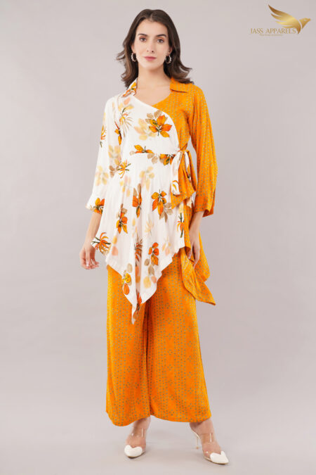 JASS Apparels Women’s Orange & White Indo-Fusion Co-ord Set | Floral Wrap Kurta with Printed Palazzo for Festive Daywear