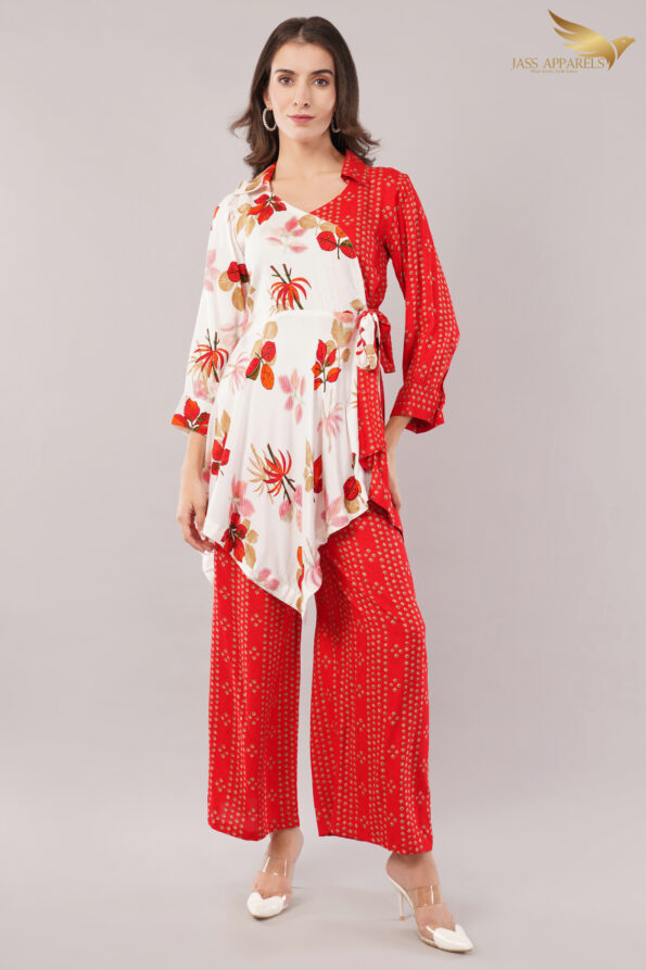 JASS Apparels Women’s Red & White Indo-Fusion Co-ord Set | Floral Wrap Kurta with Printed Palazzo | Festive Ethnic Wear