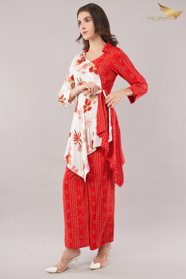 JASS Apparels Women’s Red & White Indo-Fusion Co-ord Set | Floral Wrap Kurta with Printed Palazzo | Festive Ethnic Wear