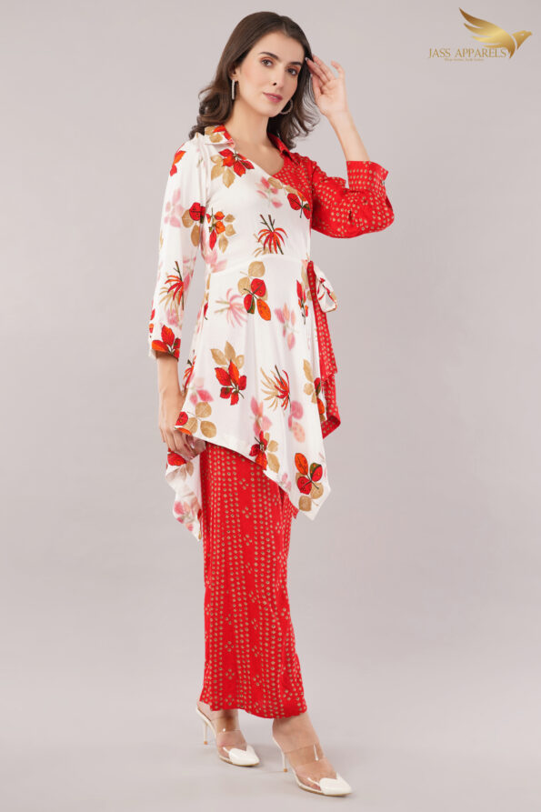 JASS Apparels Women’s Red & White Indo-Fusion Co-ord Set | Floral Wrap Kurta with Printed Palazzo | Festive Ethnic Wear