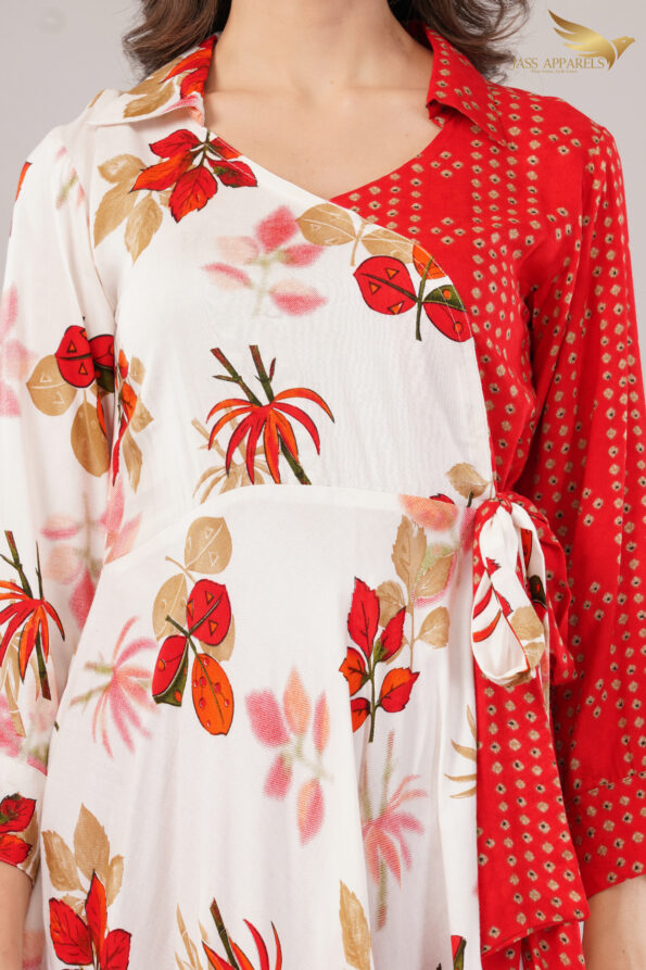 JASS Apparels Women’s Red & White Indo-Fusion Co-ord Set | Floral Wrap Kurta with Printed Palazzo | Festive Ethnic Wear