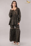 JASS Apparels Women’s Black & Gold Co-ord Set | Printed Peplum Kurta with Sharara Pants | Festive & Party Wear