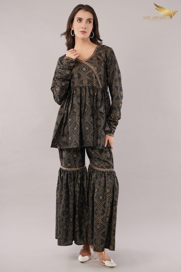 JASS Apparels Women's Black & Gold Co-ord Set | Printed Peplum Kurta with Sharara Pants | Festive & Party Wear