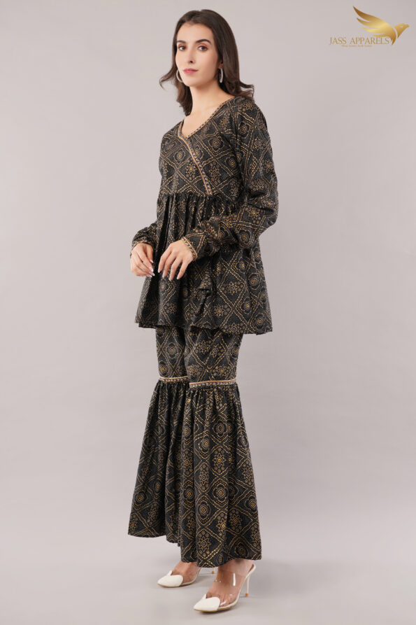 JASS Apparels Women's Black & Gold Co-ord Set | Printed Peplum Kurta with Sharara Pants | Festive & Party Wear