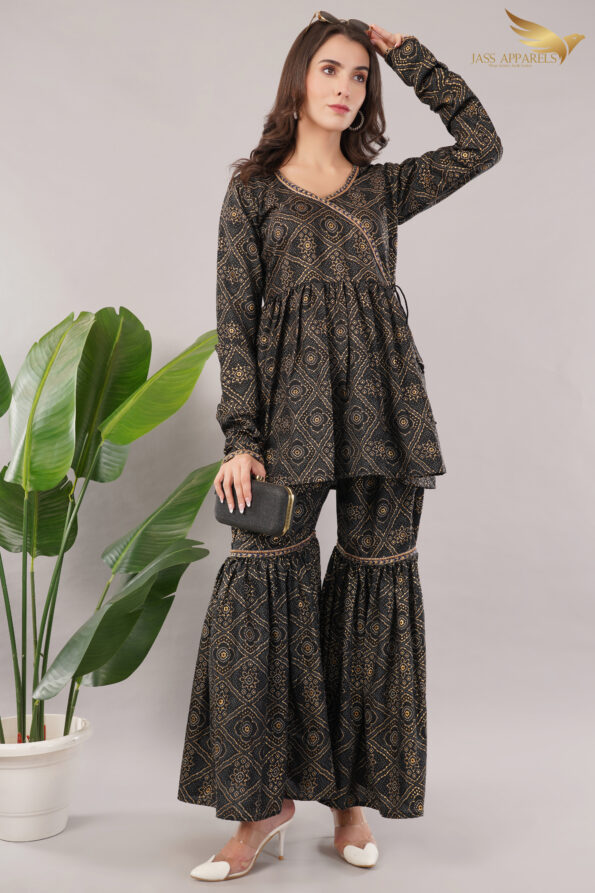 JASS Apparels Women's Black & Gold Co-ord Set | Printed Peplum Kurta with Sharara Pants | Festive & Party Wear