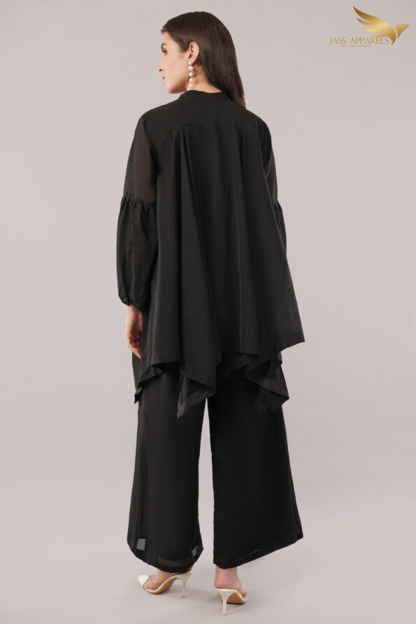 JASS Apparels Women's Solid Black Co-ord Set | Asymmetric Kurta with Balloon Sleeves & Wide-Leg Pants | Elegant Party & Office Wear