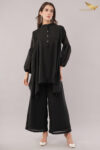 JASS Apparels Women’s Solid Black Co-ord Set | Asymmetric Kurta with Balloon Sleeves & Wide-Leg Pants | Elegant Party & Office Wear