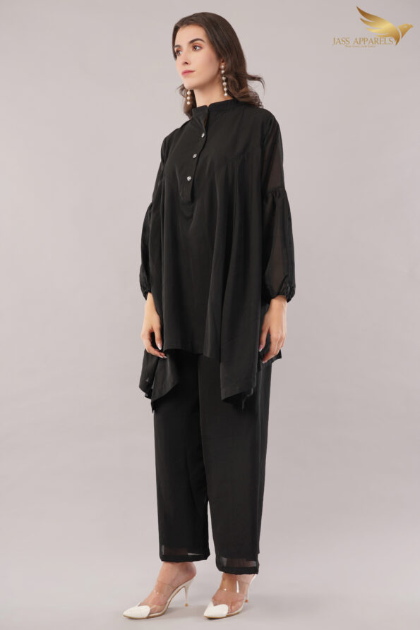 JASS Apparels Women's Solid Black Co-ord Set | Asymmetric Kurta with Balloon Sleeves & Wide-Leg Pants | Elegant Party & Office Wear