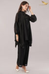 JASS Apparels Women’s Solid Black Co-ord Set | Asymmetric Kurta with Balloon Sleeves & Wide-Leg Pants | Elegant Party & Office Wear