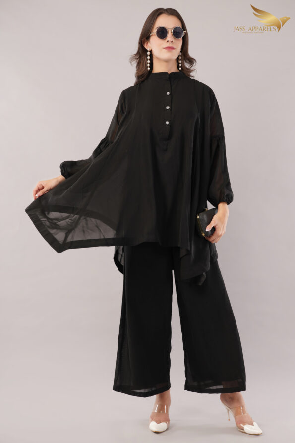 JASS Apparels Women's Solid Black Co-ord Set | Asymmetric Kurta with Balloon Sleeves & Wide-Leg Pants | Elegant Party & Office Wear