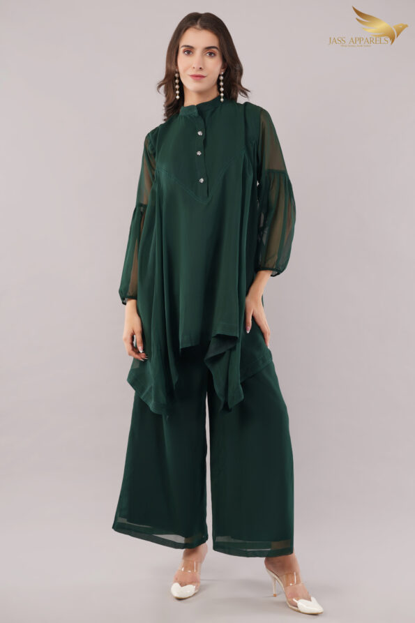 JASS Apparels Women's Dark Green Co-ord Set | Sheer Balloon Sleeve Kurta with Asymmetric Hem & Palazzo Pants | Elegant Festive & Casual Wear