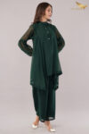 JASS Apparels Women’s Dark Green Co-ord Set | Sheer Balloon Sleeve Kurta with Asymmetric Hem & Palazzo Pants | Elegant Festive & Casual Wear