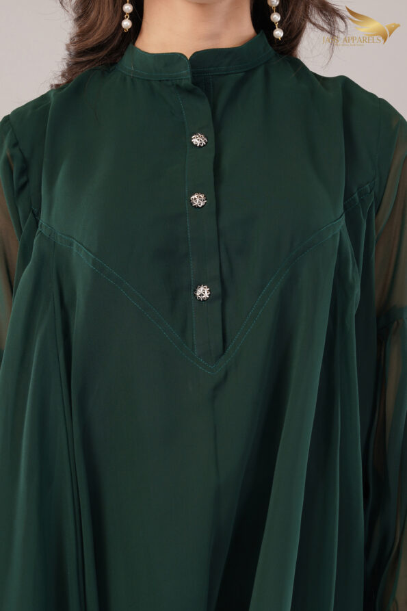 JASS Apparels Women's Dark Green Co-ord Set | Sheer Balloon Sleeve Kurta with Asymmetric Hem & Palazzo Pants | Elegant Festive & Casual Wear