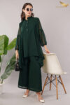 JASS Apparels Women’s Dark Green Co-ord Set | Sheer Balloon Sleeve Kurta with Asymmetric Hem & Palazzo Pants | Elegant Festive & Casual Wear